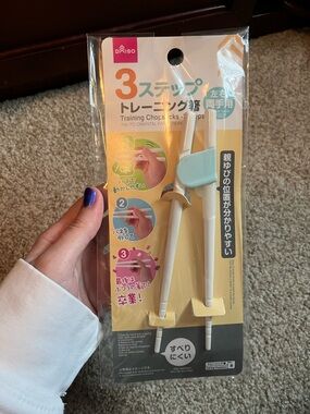 Daiso White Training Chopsticks with Blue Nail Accents